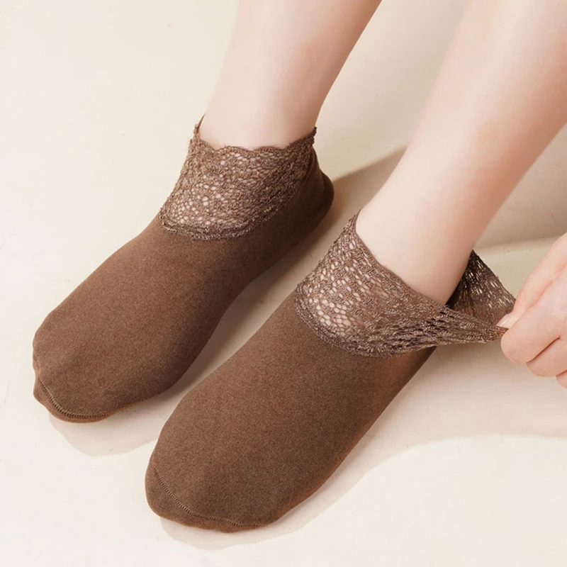 Chaussettes thermiques décontractées en dentelle à tube bas pour femmes, chaussettes optiques, chaussettes de sol à la maison, pantoufles monochromes en velours chaud, chaussettes respirantes anti-brûlure, 3 paires