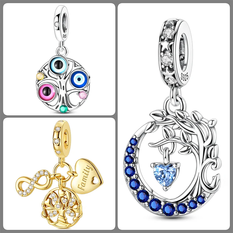 3-teiliges 925 Sterling Silber Lebensbaum-Charm-Set Familienbaum Herz Mond Sonne Schmetterling DIY Original Armband Halskette für Frauen – Detail 15