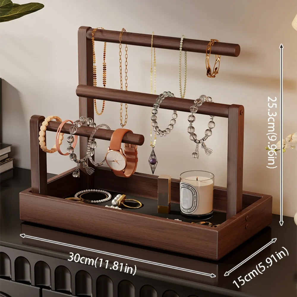

Solid Wood Jewelry Stand Large Size Multi-Layer Design Ring Earring Necklace Display With Hook Wooden Material