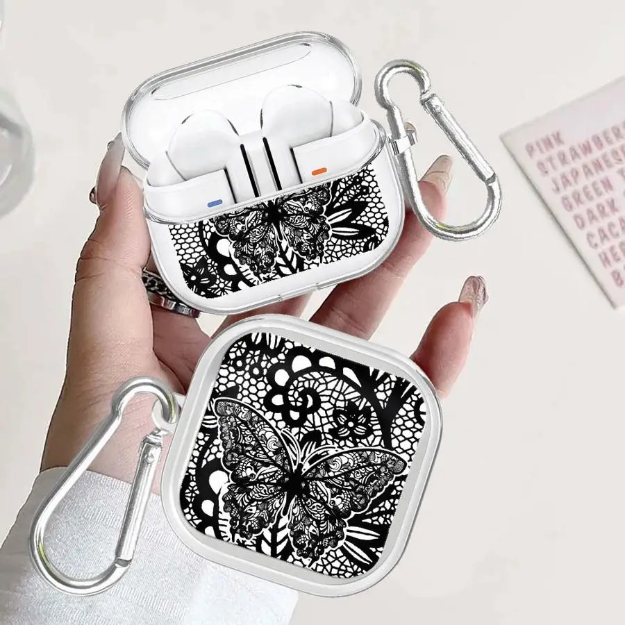 Design Sense Black Lace Clear Earphone Cases Cover With Hook Case For Samsung Galaxy Buds 4 Pro 3Pro 4Pro 2 2Pro 3 FE Live