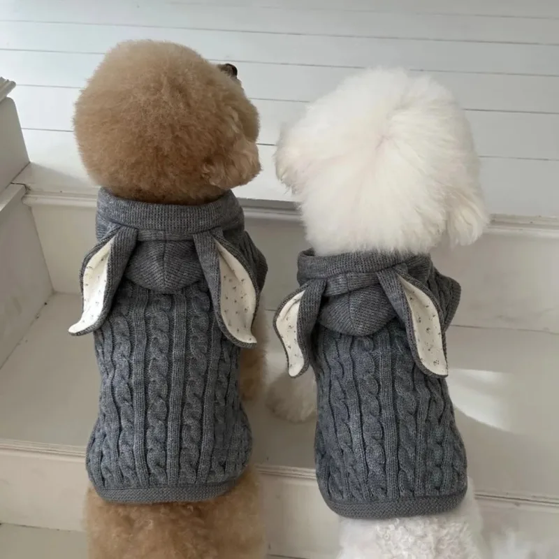 

Dog Sweater Pet Knitted Rabbit Ears Hooded Coat Warm Pet Clothes Cloak Shawl Small Medium sized Cat Teddy Winter Thickened