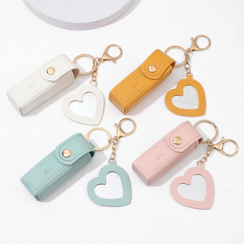 Mini Storage Bag Solid Color Portable Lipstick Bags Wallet Keychain For Women Lipsticks Protective Cover With Mini Makeup Mirror