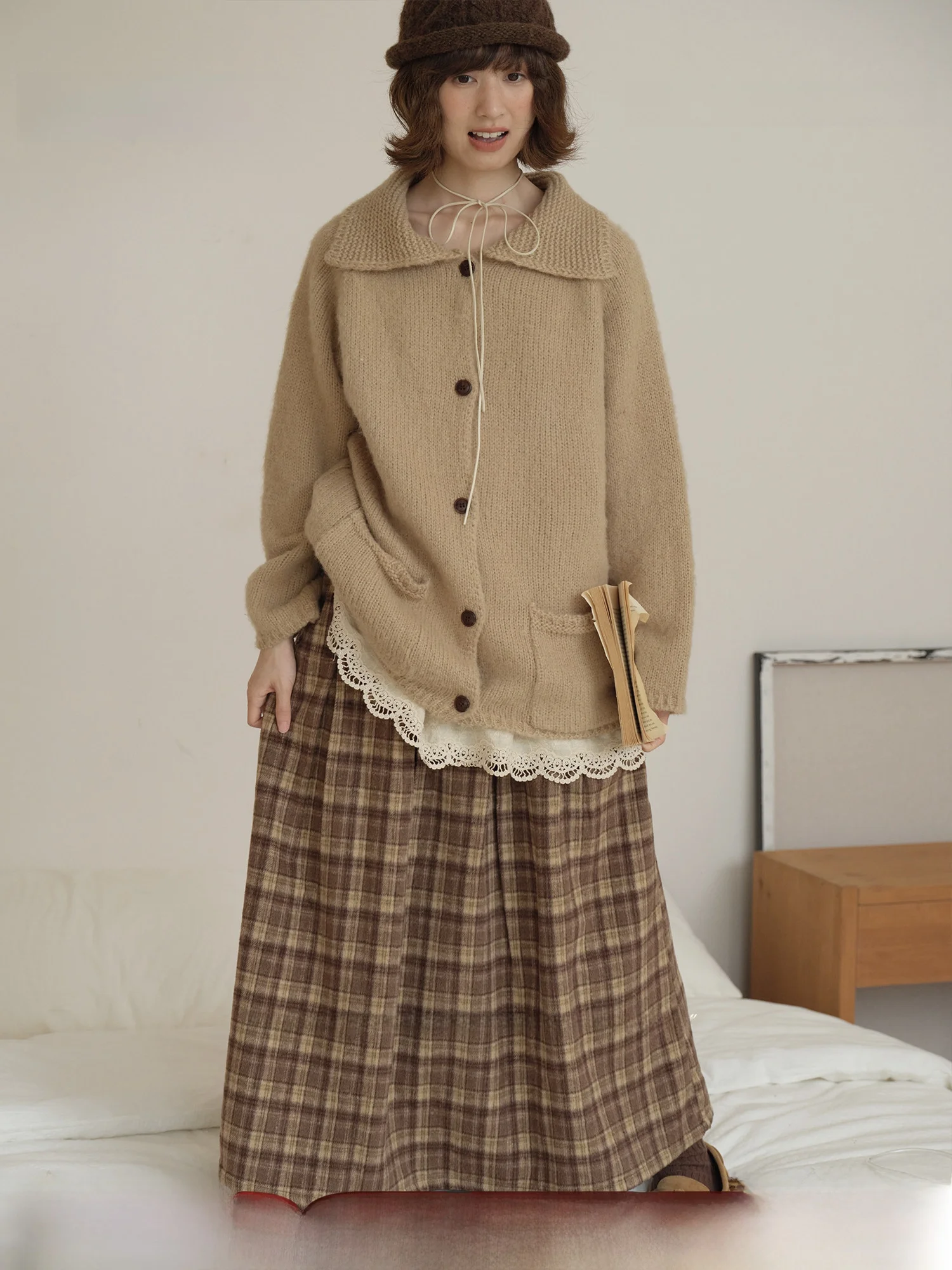 

Ретро-кардиган женский вязаный свободного кроя с отложным воротником, осенне-зимний, теплый, стройнящий, комфортный