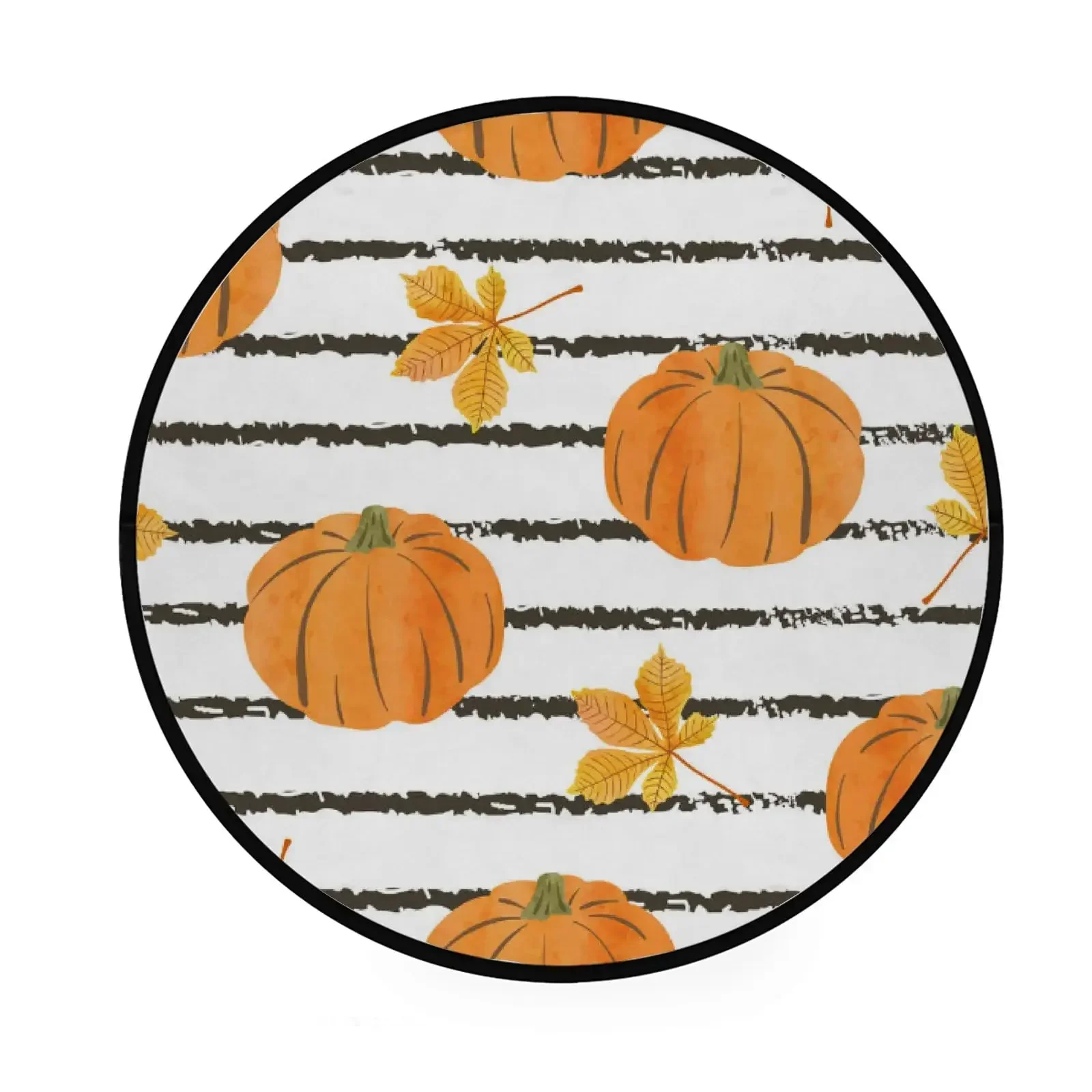 Fall Pumpkin & Maple Leaves Round Rug – Non-Slip Autumn Decor Carpet for Bedroom Living Room Kitchen Bath