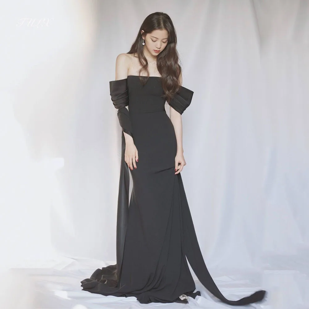 TULX vestido de noche de gasa negro Corea sesión de fotos de boda sin tirantes mangas cortas sirena vestido de fiesta largo corsé personalizado