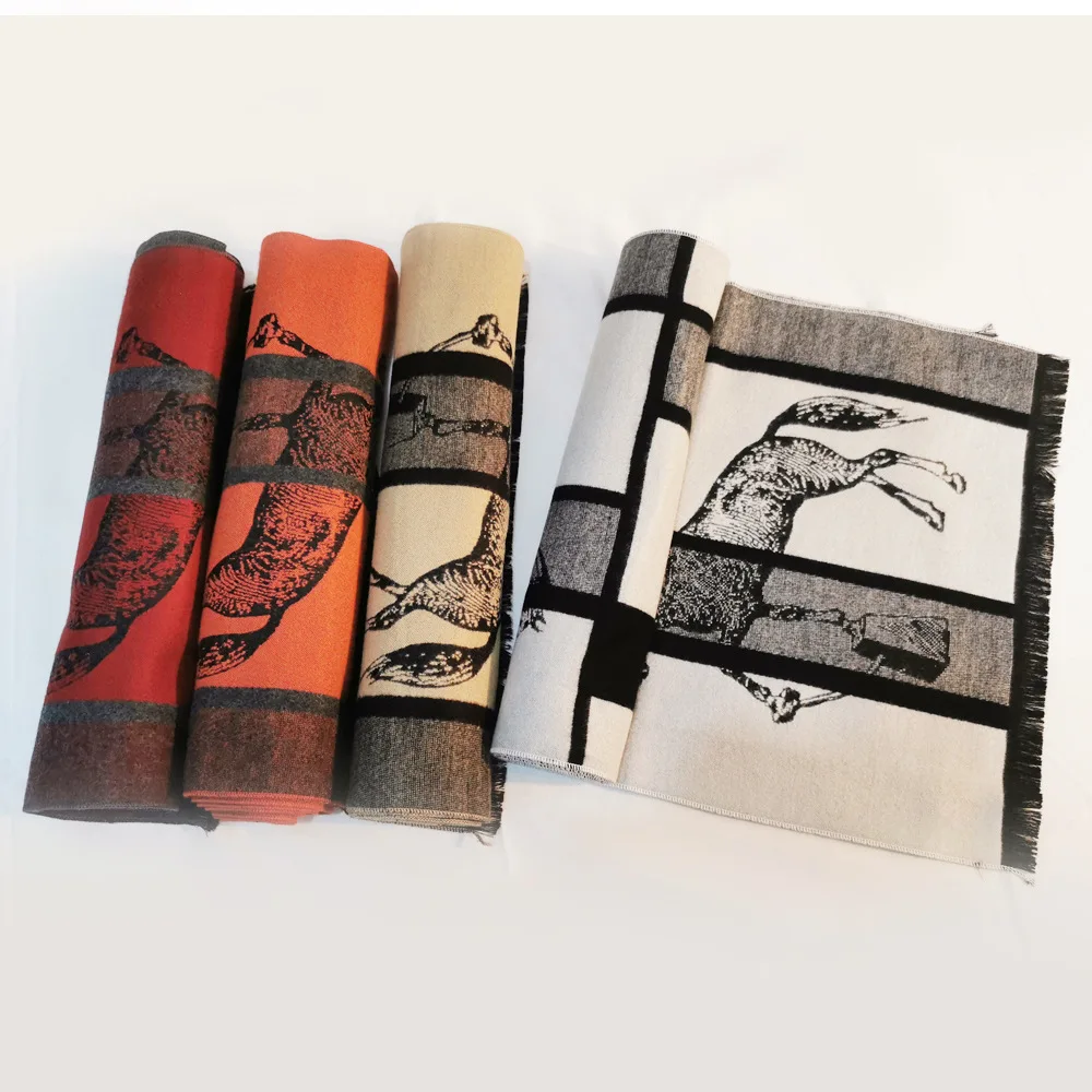 Men's Autumn Winter Horse Pattern Scarf Luxury Gentleman Cashmere Feeling Muffler Student Spring Fall Wrap Soft Warm Neckerchief