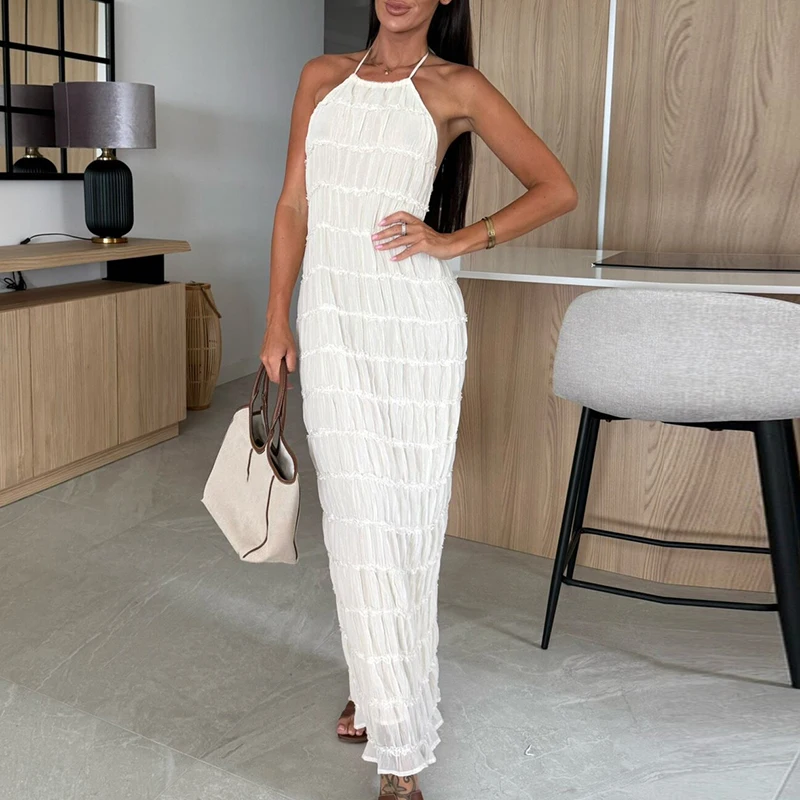 

Women High Waist Backless Beach Dresses Sexy Suspender Sleeveless Long Sling Dress Fashion Solid Color Ruffles Slim Party Dress