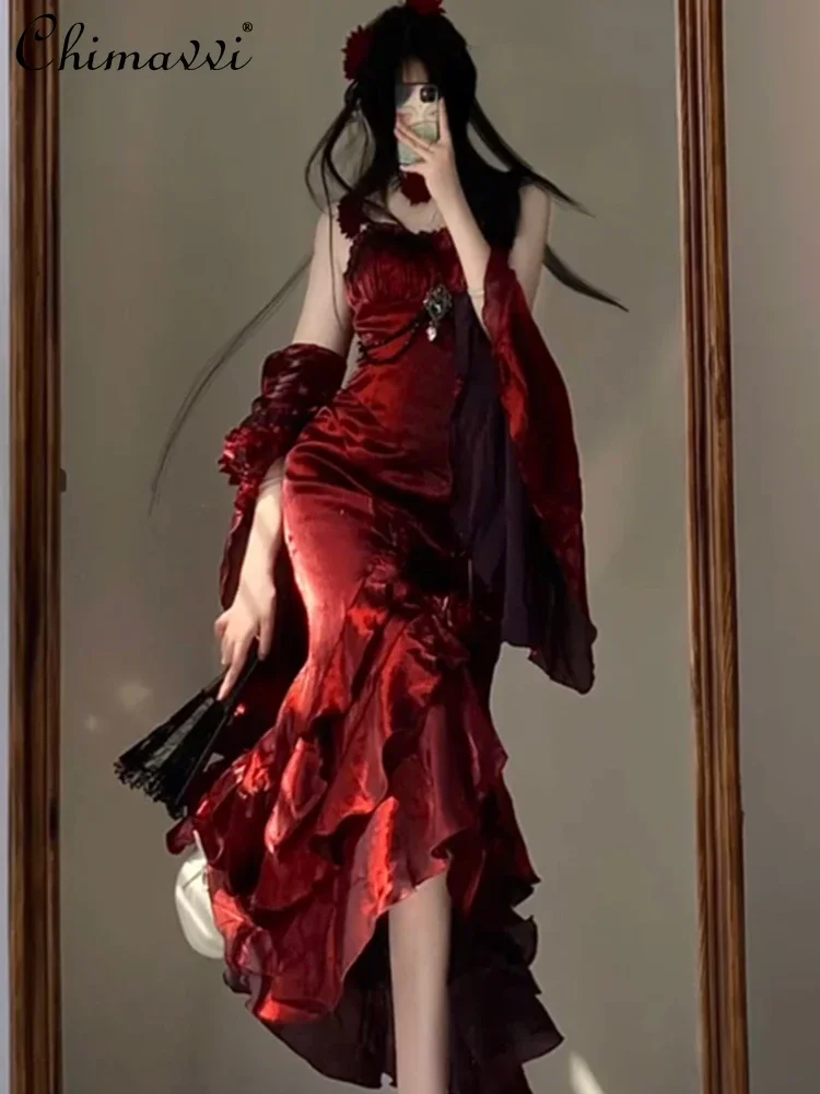 

Spring Summer New Goth Style Cos Slim-fit Dark Girls Women Fishtail Dress with Hand Sleeves Purple Lolita Rose Suspender Dress