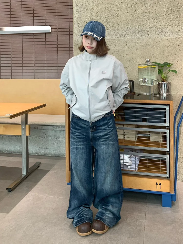 

plus Size Vintage Mustache Denim Jeans Women's Autumn Winter Loose Straight Washed Wide Leg Floor Length Trousers