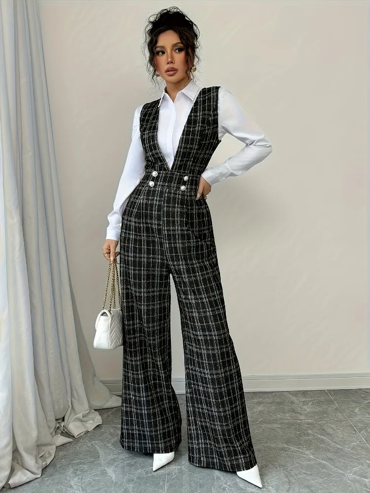 여성 하이웨이스트 와이드 레그 플래드 트위드 점프수트 베스트 스타일 더블 브레스티드 진주 버튼 포켓 우아한 오피스 정장