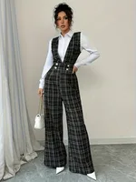 Women High Waist Wide Leg Plaid Tweed Jumpsuit Vest Style Double Breasted Pearl Buttons Pockets Elegant Office Formal Wear
