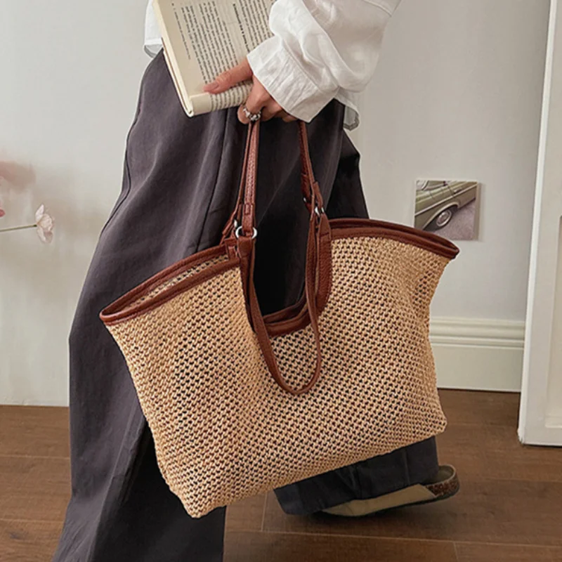 

Women's Straw Woven Tote Bag with PU Leather Trim Large Capacity Casual Beach Handbag Summer Commute Shoulder Bag ﻿