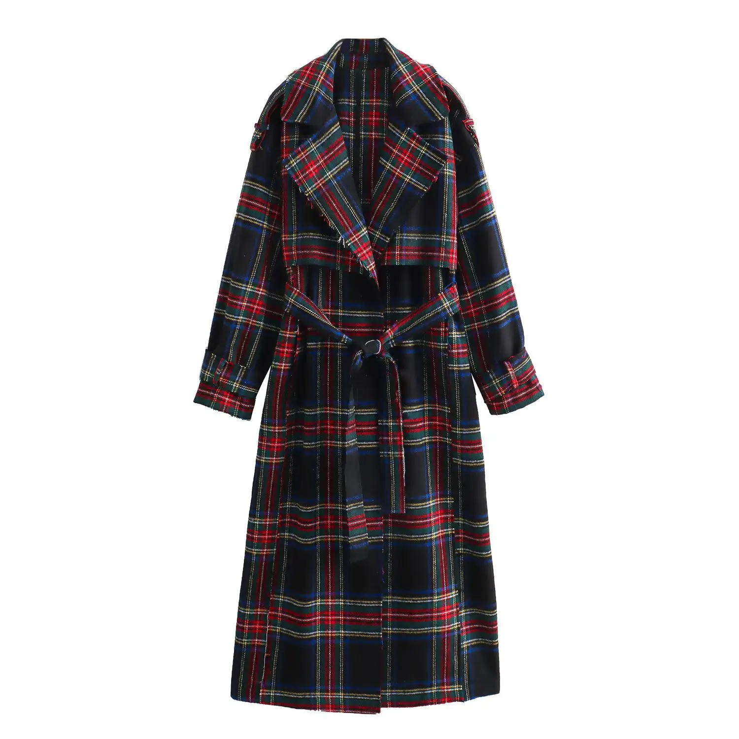 

Women's Plaid Fabric Lapel Coat Mid-Length Spring Fashion European And American Style Trade Outerwear