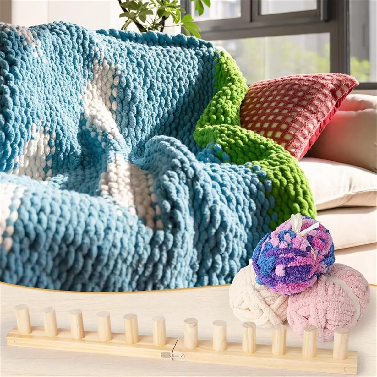 Wooden Kit for Blankets, 39 Inch DIY Handmade Extra Jumbo Chunky Yarn Crochet Knitting Tool Making Blanket