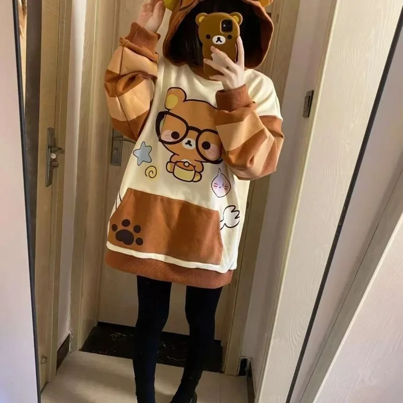 Autumn new Kawaii cartoon bear print hoodies Japanese subculture sweet long-sleeved hoodie women's preppy loose casual clothing