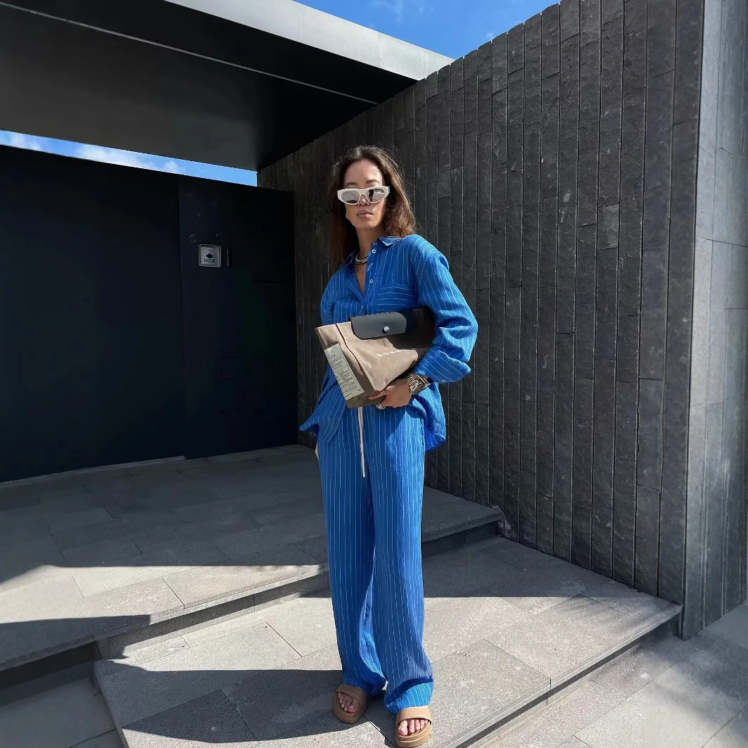 

Blue Striped Women's Autumn 2 Piece Sets Turn Down Collar Button Lady's Long Sleeve Shirt Drawstring Straight Pants For Female