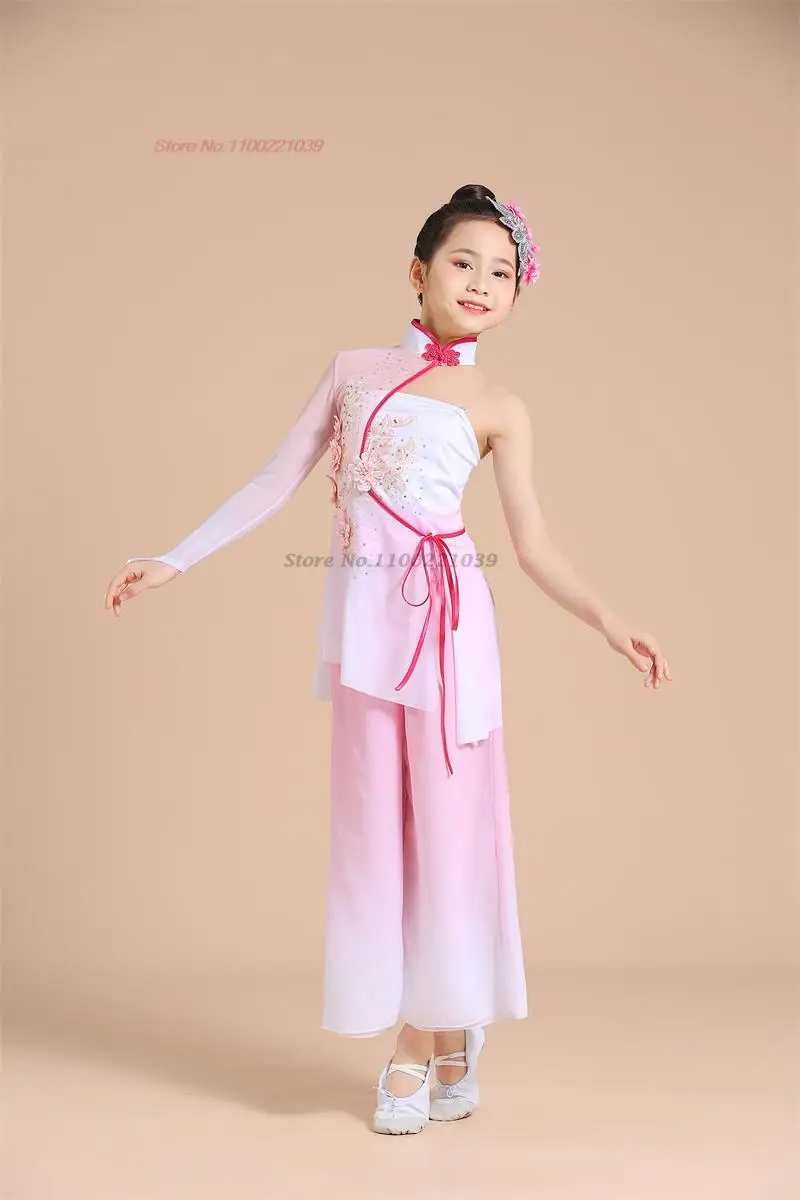 Zestaw ubrań do tańca ludowego dla dzieci w stylu vintage z 2025 roku: tradycyjny strój qipao z siateczki, top + spodnie, ubrania do ćwiczeń i występów scenicznych.