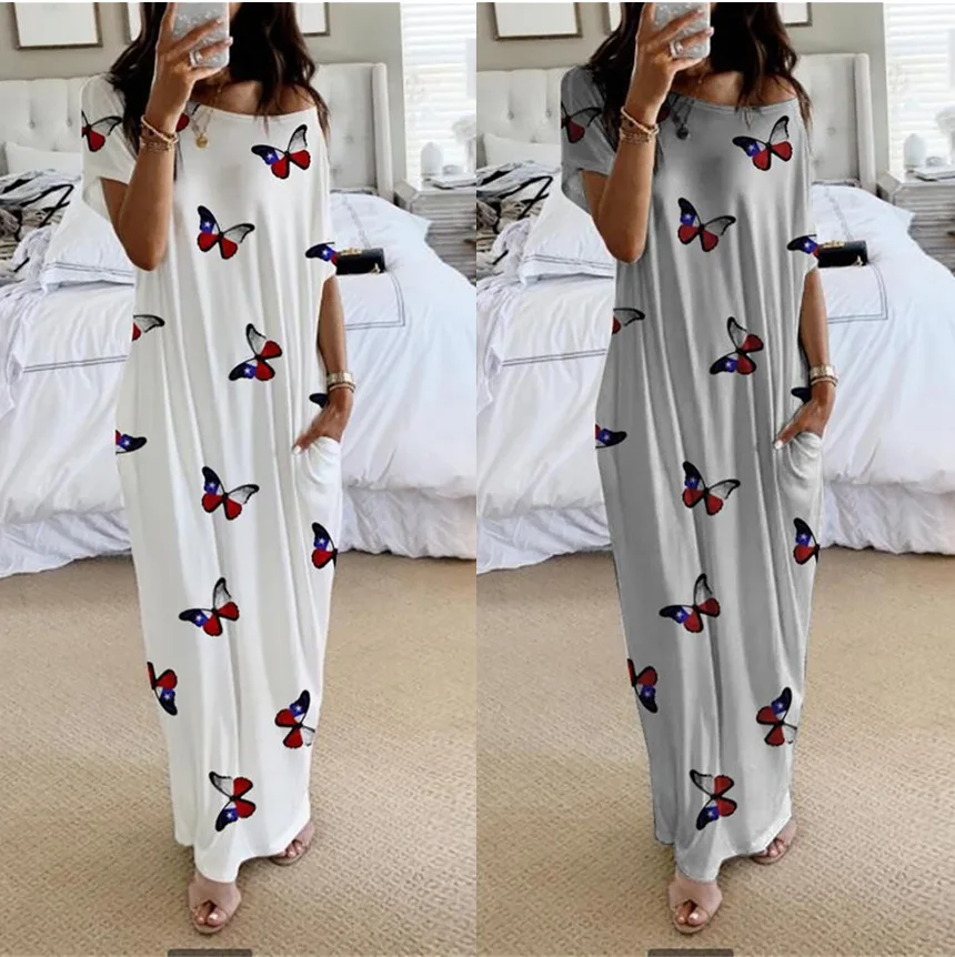 Women\'s Fashion  For 2024 New  Butterfly Short  Sleeves Long Casual Summer Loose Waist Elegant Ladies  Pocket Pullover Dresses