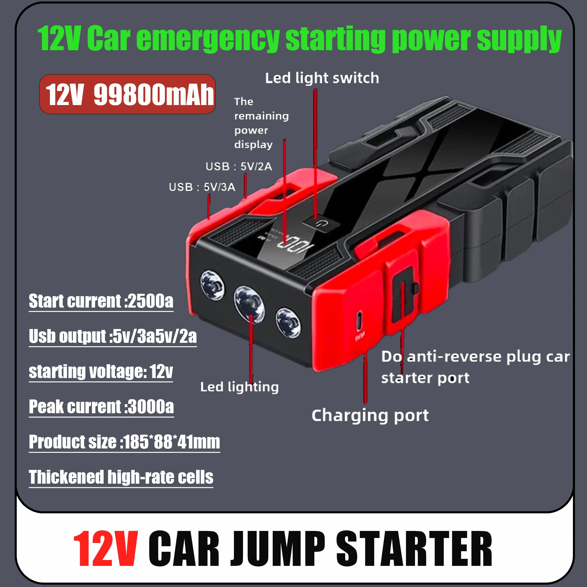 New 12V 99800mAh 3000A Car Jump Starter Car Battery Starters Portable Power Bank 12V Starting Device Booster Petrol Diesel Car