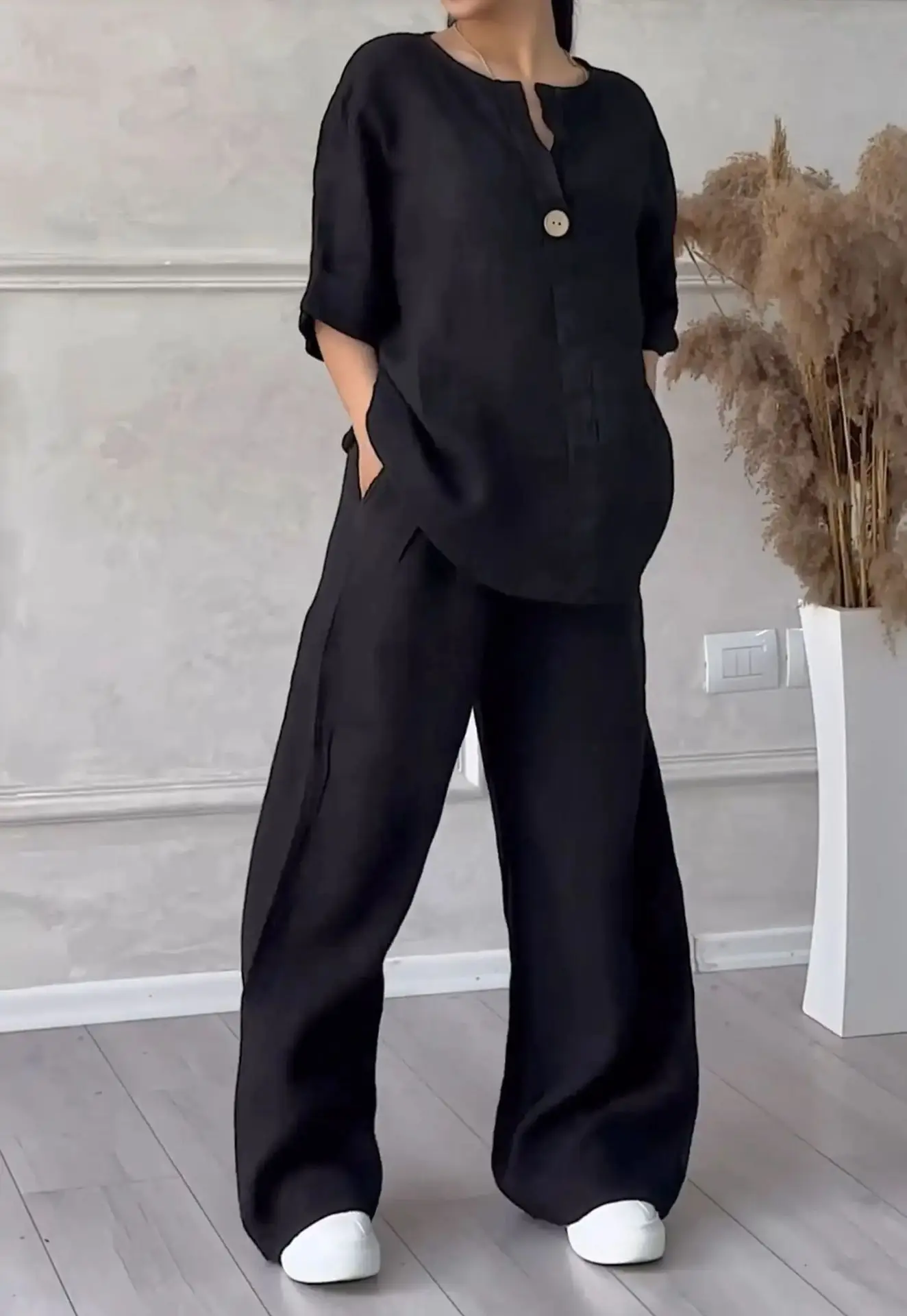 Casual Solid V Neck Long Suit Women Elegant Long Sleeved One Button Shirt Top Elastic Waist Wide Leg Pant Two Piece Set 2024 New