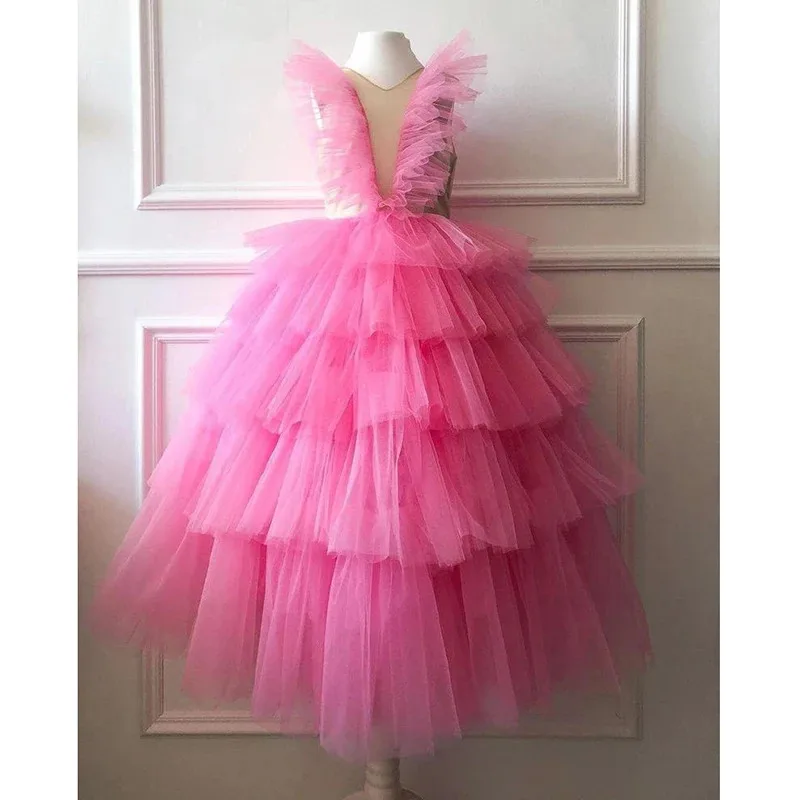 Flower Girl Dresses Green Tulle Puffy Appliques Pattern Tiered Long Sleeve For Wedding Birthday Banquet Princess Gowns