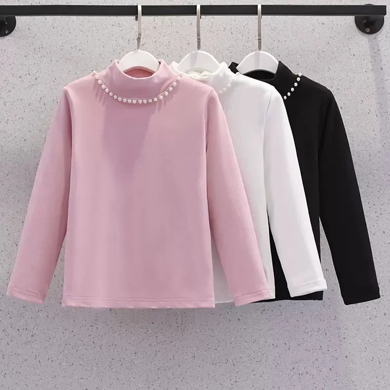 2026 autumn Girls long t-shirt Baby Bottom teenager Kids solid pearl warm cloth t shirt tops 4 5 6 7 8 9 10 11 12 years
