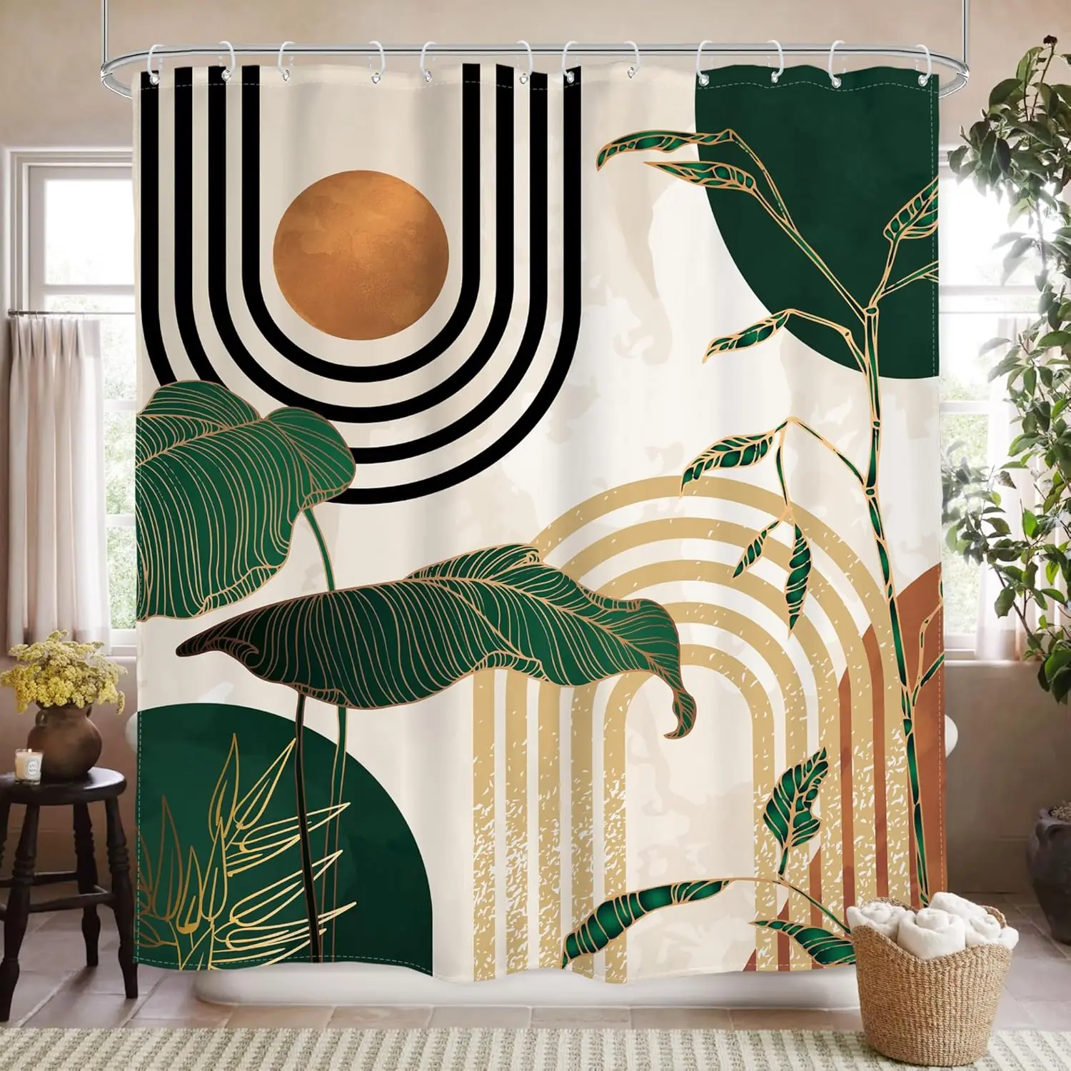 

Green Boho Shower Curtain 60x72 Inches, Abstract Retro Mid Century Bathroom Decor with Hooks