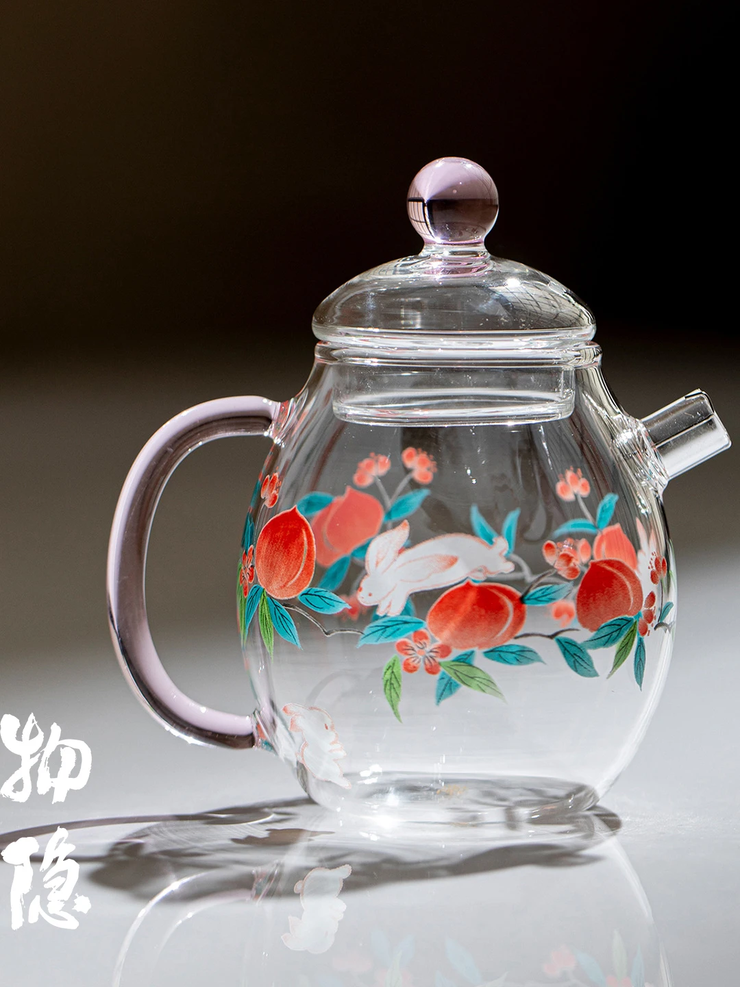 

Elegant Glass Tea Pot High Temperature Resistant Handheld Brewing Gongfu Tea Set Cute Rabbit And Peach Blossom Design Tea Kettle