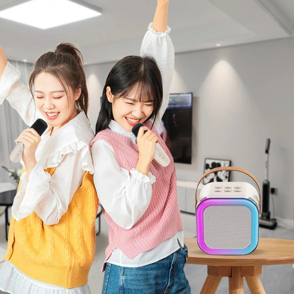 Bluetooth-Compatible 5.3 Karaoke Machine Toy with Wireless Mic Small Speaker Adjustable LED Lights for Home Karaoke
