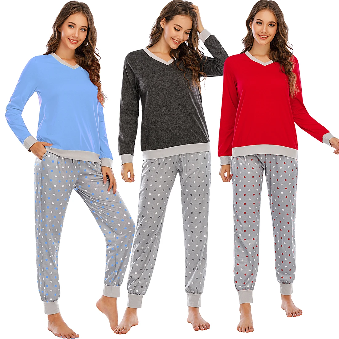 Women's long-sleeved loungewear polka dot fall and winter pajamas pajama pants set Comfortable pajamas new two-piece set