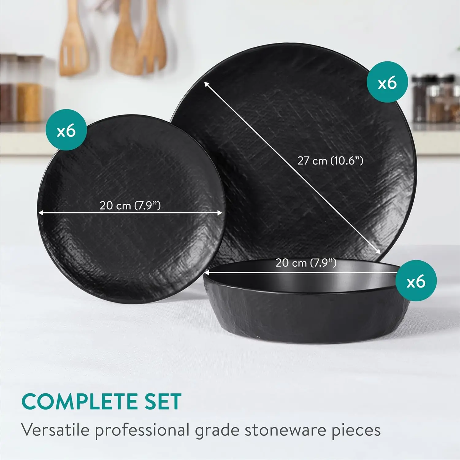 リネン職人石器食器セット（18点）- 食器洗い機＆電子レンジ対応プレート＆ボウル（6人用、ディナープレート、サイドプレート付き）