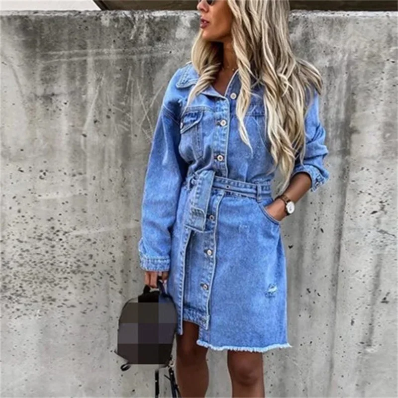 Moda fori rotti abiti in Denim donna cintura a vita alta vestito giuntura bavero monopetto Cardigan abito nuovo Casual Streetwear