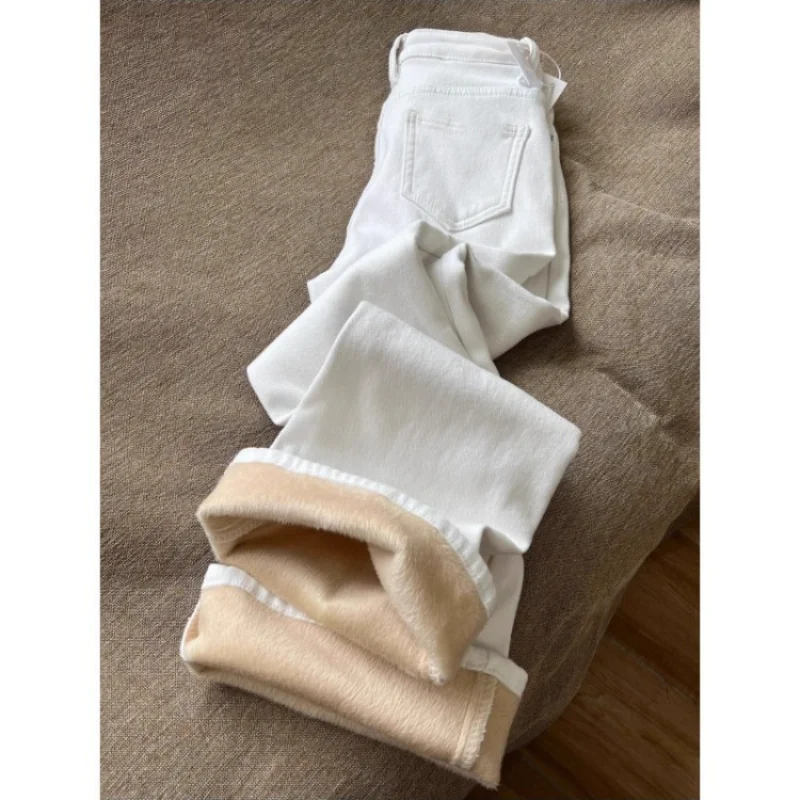 Womens White Micro Flare Jeans Autumn Winter New Style Fleece Lined High Waist Slim Fit Wide Leg Stylish Long Pants WJ659