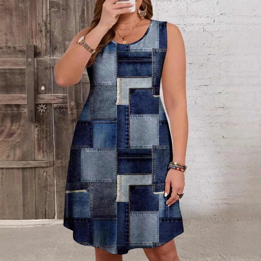 فساتين متوسطة الطول أنيقة للنساء للربيع والصيف بدون أكمام فستان مطبوع من قماش الدنيم المقلد للنساء Elbise vrouwen옷 Vestidos Mujer رداء ميدي