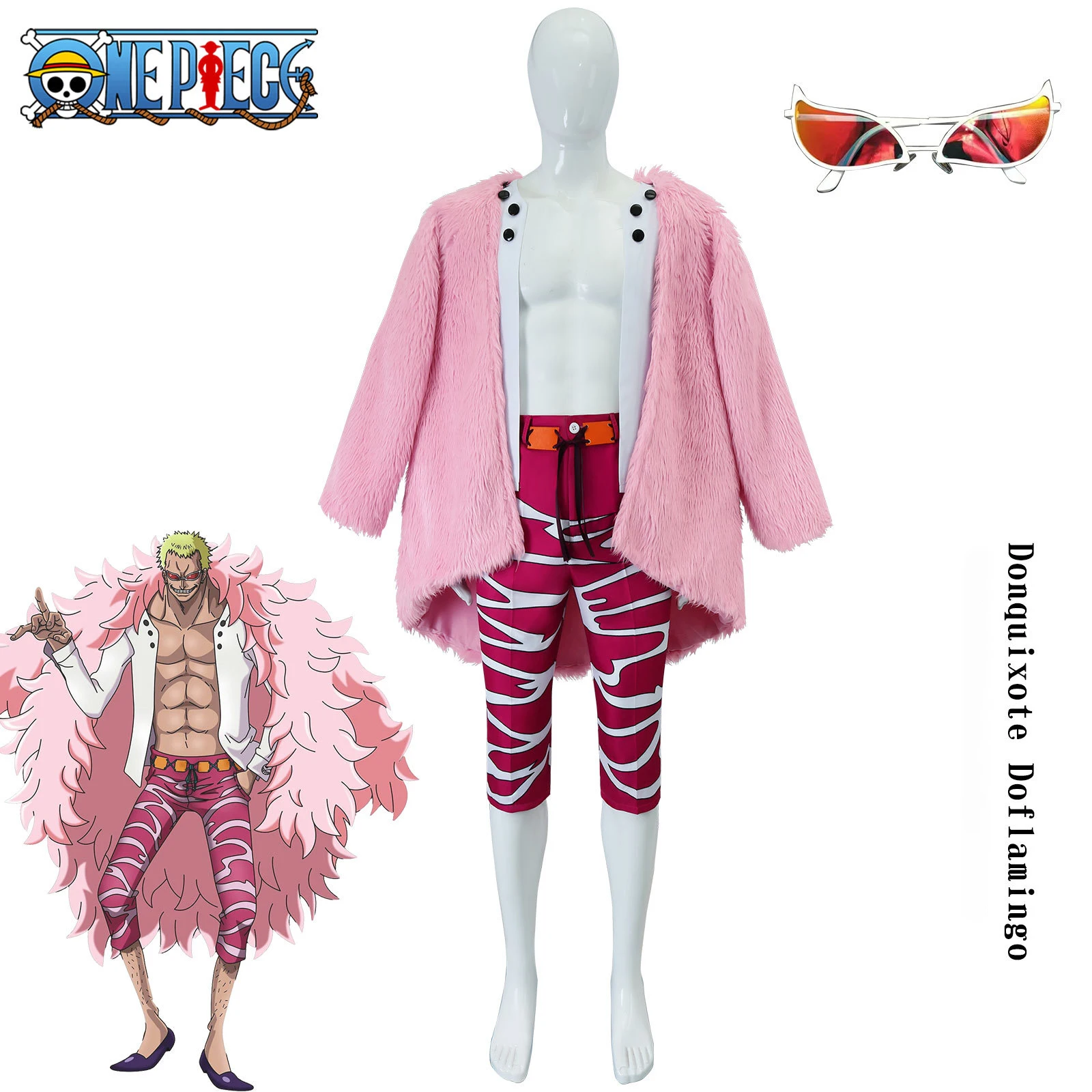 Donquixote Doflamingo Cosplay Costume Pink Coat Shirt Glasses Outfits Halloween Party Disguise Suits For Boy Men