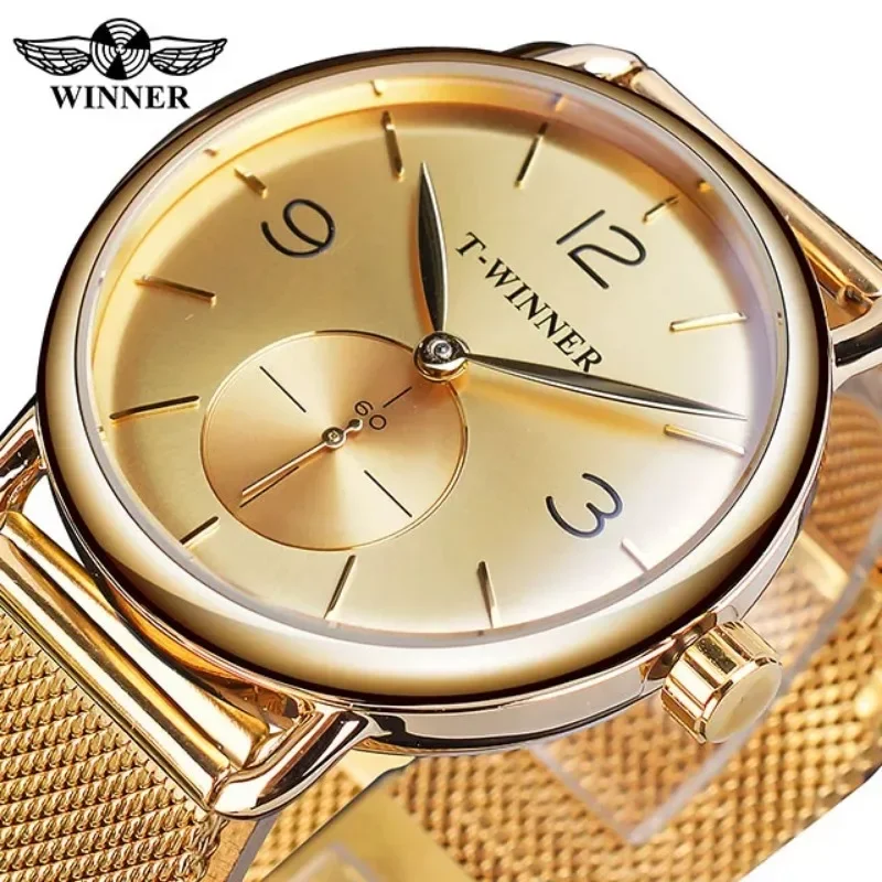 Winner Watch Men Simple Slim Thin Watches Luxury Gold Stainless Steel Mesh Band Auto Mechanical Wristwatches Men Reloj Hombre