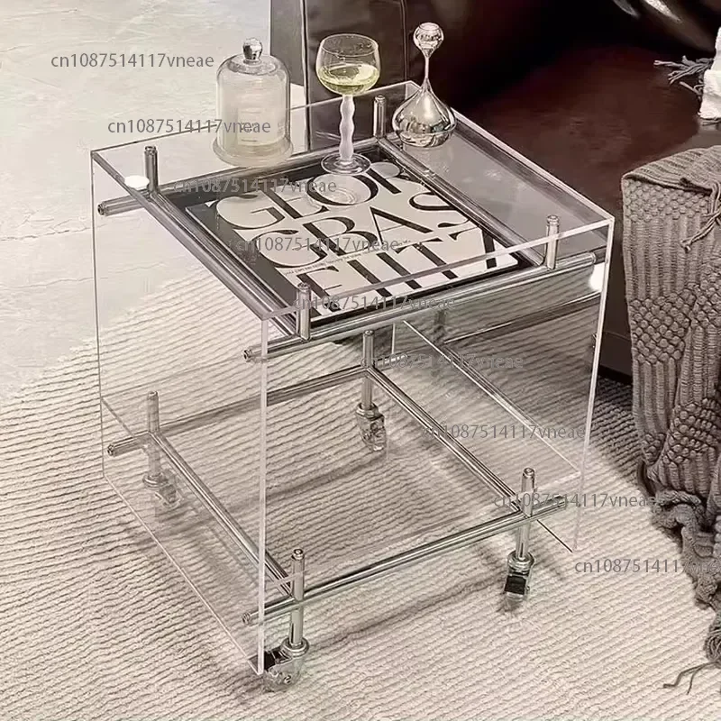 Nordic Acrylic Mini Coffee Table Entry Mid-Century Console Rolling Cart Light Luxury Movable Nightstand Sofa Side Table