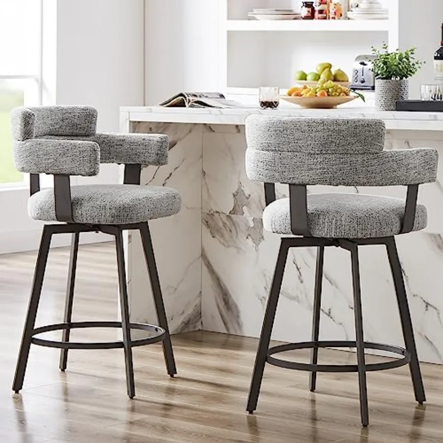 

Counter Height Bar Stools with Full Back Swivel Counter Stools Set of 2 with Linen Padded Back, Metal Footrest, Modern Barstool