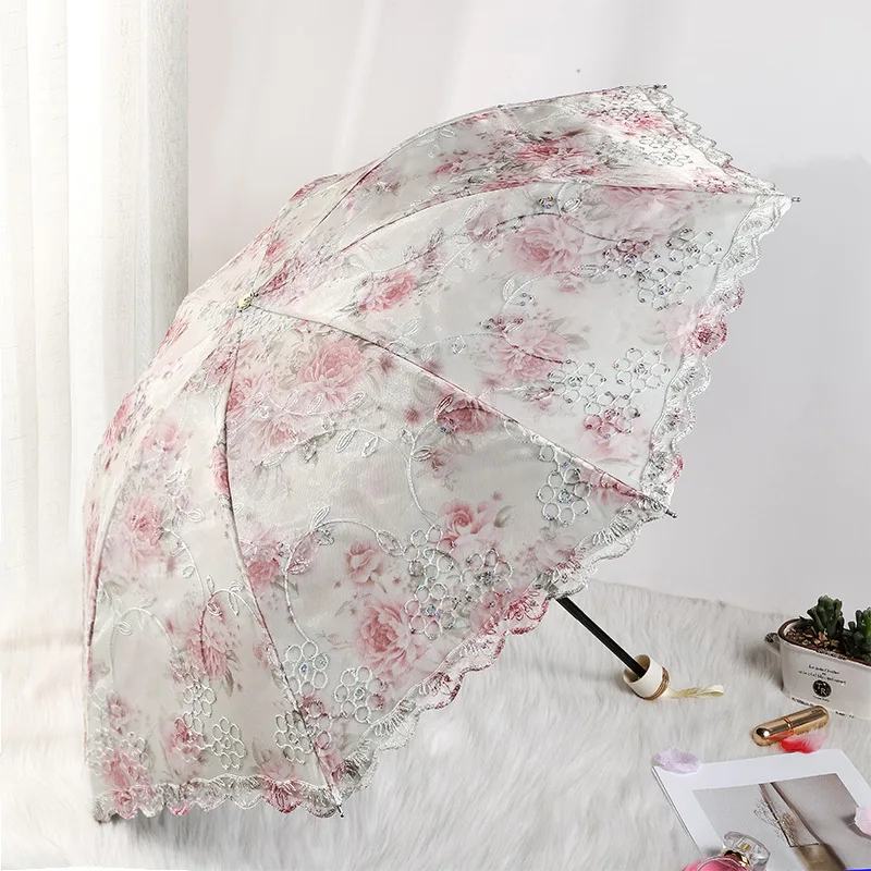 Fashion Vintage Embroidered Lace Folding Princess Umbrella Summer Outdoor Portable UV Protection Sun Umbrella Sunny Umbrella