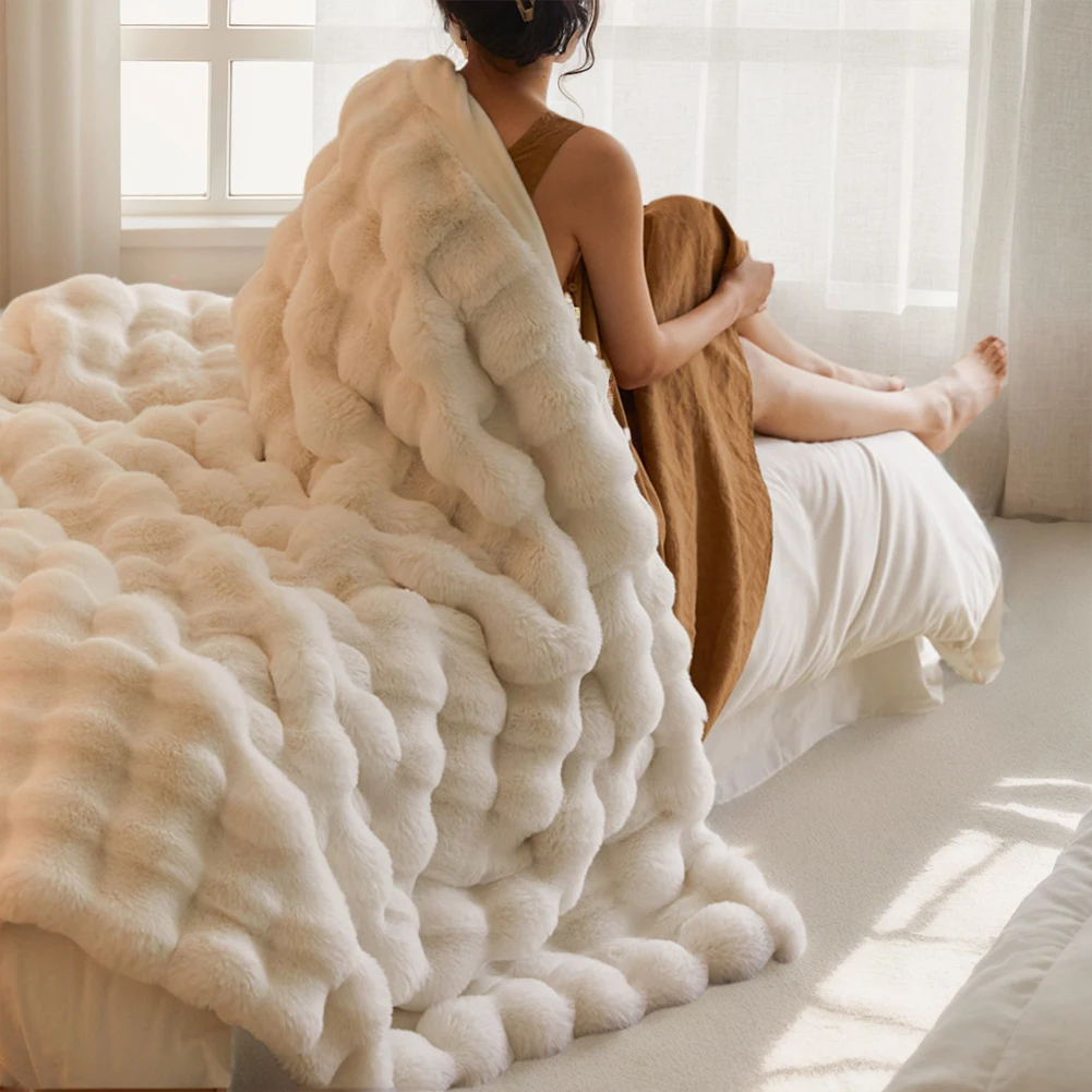 Cozy Toscana Rabbit Fur Blanket Comfortable Office Nap and Sofa Cover Double-Sided Rabbit Fleece Blanket for Sofa Office Bed