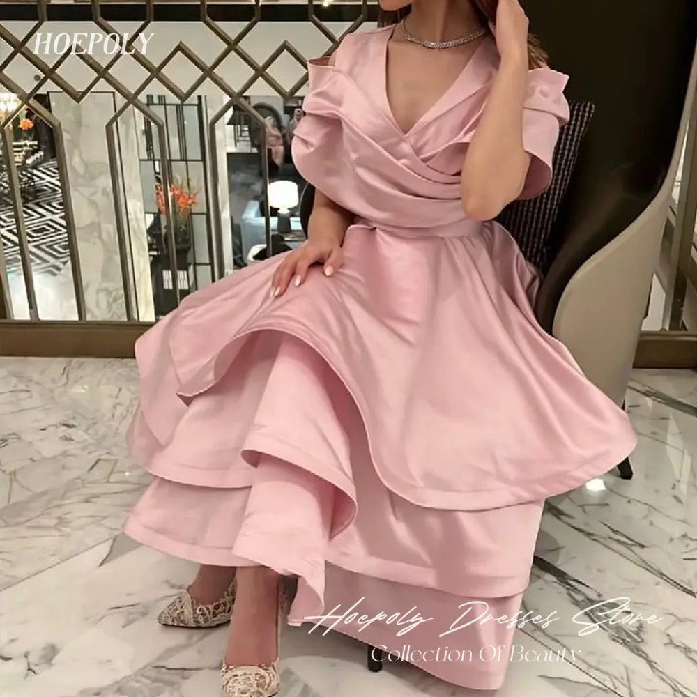 Hoepoly Pink A-Line Prom Dress Elegant Ruffles Tiered Pleated Tea Length Evening Dresses Formal Occasion Gown Vestidos De Noche