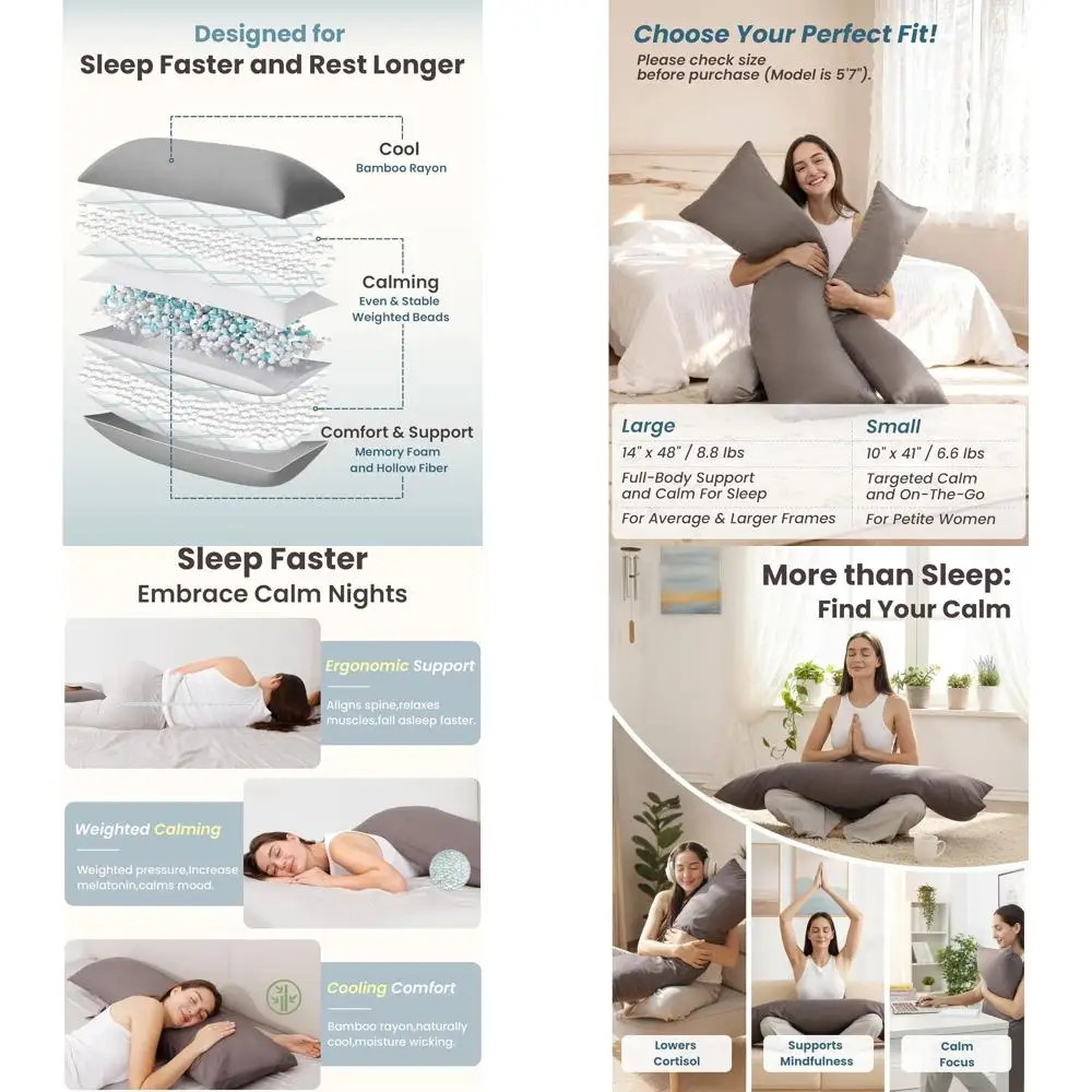 

Утяжеленная подушка для тела с бамбуковым покрытием для глубокого сна, 48x14 дюймов, 8,5 фунтов, идеально подходит для тех, кто спит на боку
