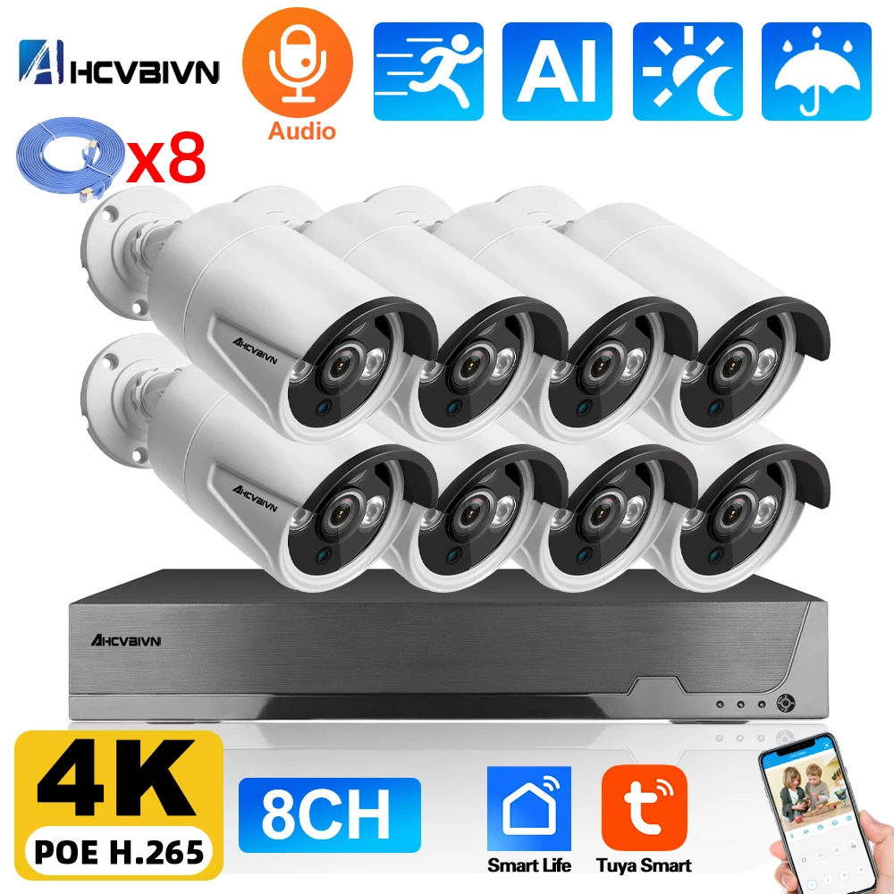 

Tuya 8MP POE Security Camera System Waterpoof 4K 8CH POE NVR Kit Outdoor Video Surveillance Kit Home IP CCTV Camera Set 4CH