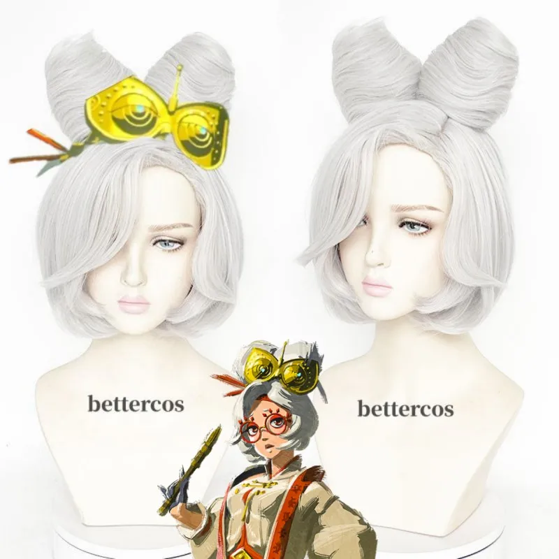 Purah Cosplay Wigs Anime Princess Zelda Short Silver White Buns High Quality Heat Resistant Synthetci Hair Anime Wig + Wig Cap