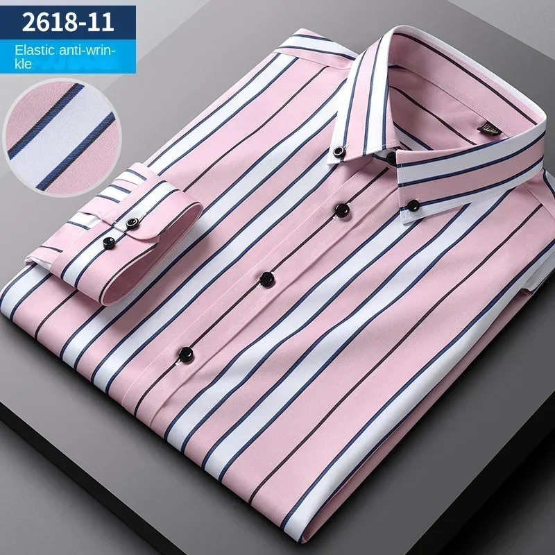 New elastic vertical stripes four seasons can be long-sleeved men\'s shirts  business slim non-ironing wrinkle-resistant shirts