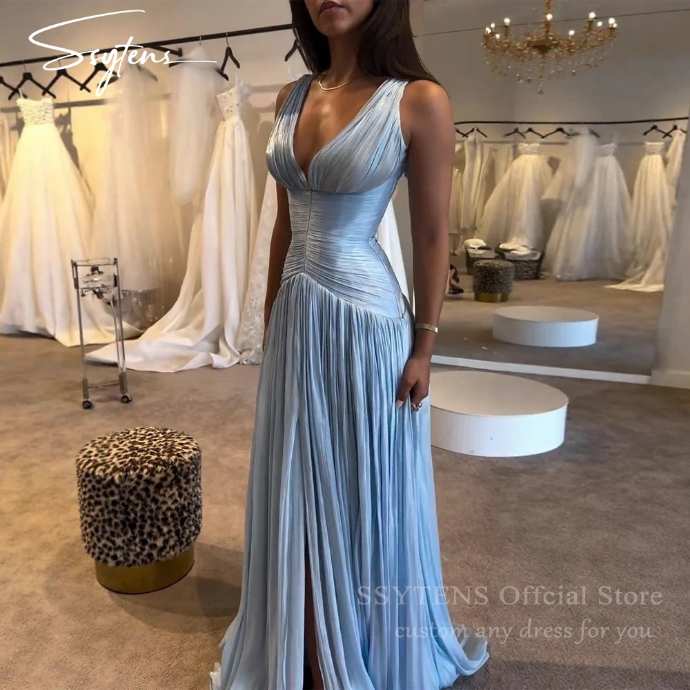 SSYTENS Sexy Blue Silk Long Evening Dresses V-Neck Sleeveless Prom Dresses Saudi Araric Formal Occasion Prom Gowns Customized
