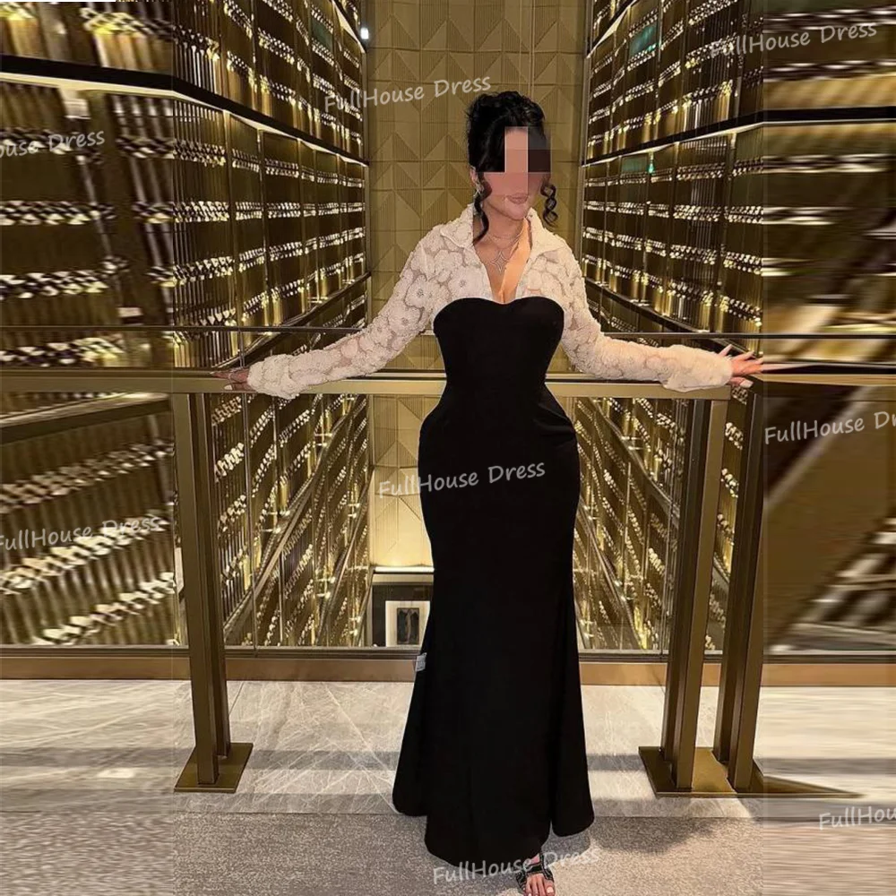 

Custom Made Black Boat Collar Sexy Sheath Evening Dress with Floral Lace Long Party Dress Long Sleeve Dress شارون سعيد