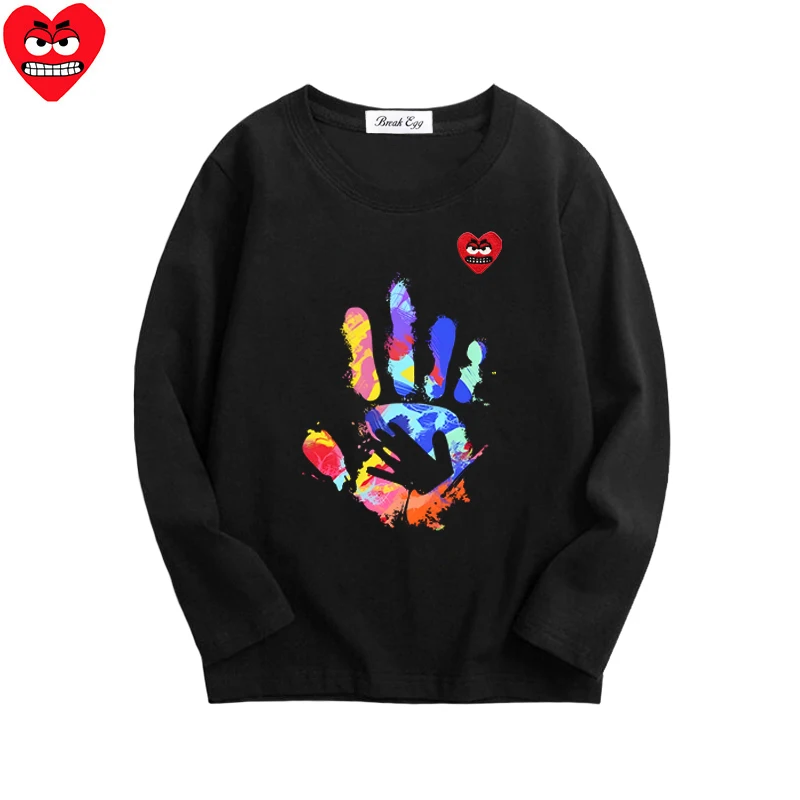 Palm Printing Boy Girl T-shirt Cotton Cartoon Red Snag Heart Embroidery O-neck Long Sleeved Straight Summer T-shirt