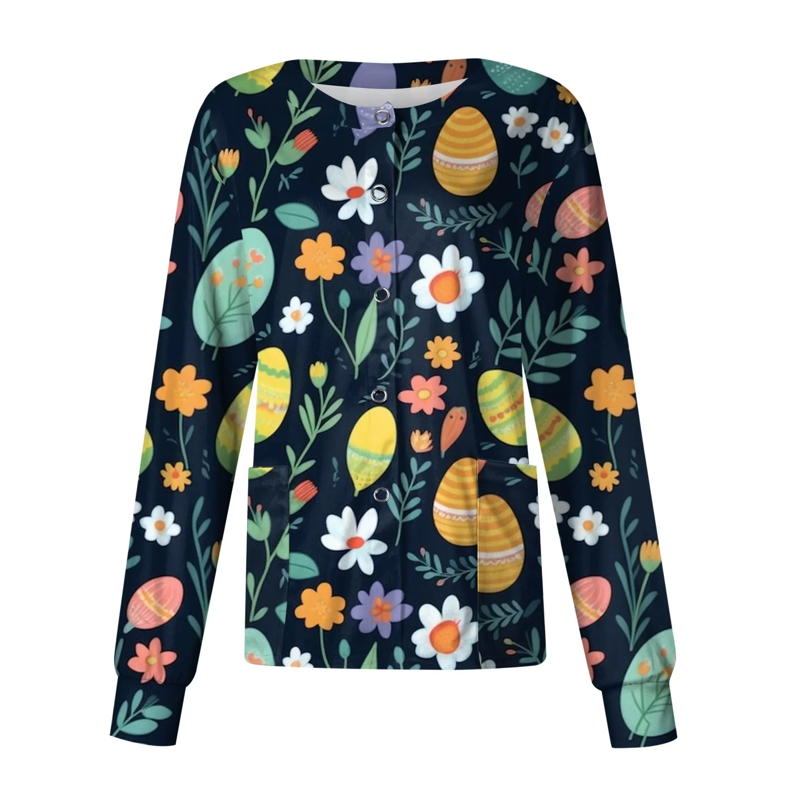 Cárdigan de uniforme de enfermera para mujer, chaqueta de manga larga con estampado de Pascua, monos protectores de un solo pecho, Tops de talla grande