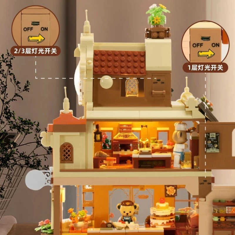 Teddy Street View Building Blocks Coffee House Baking House Minimarket Costruzione Modello di assemblaggio Blocchi di costruzione Giocattoli